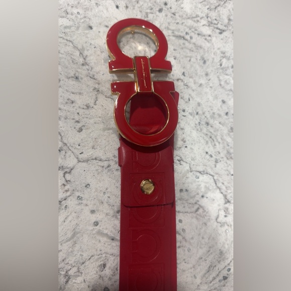 Salvatore Ferragamo Gancini Belt Embossed Leather Wide Red Gold Unisex AUTHENTIC